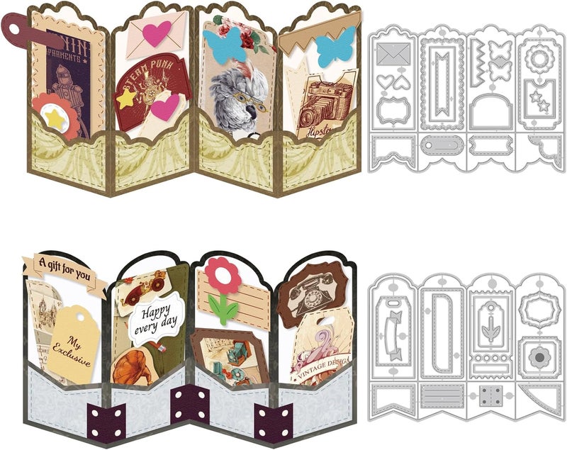 twinklemon 2PCS Folding Greeting Card Cutting Dies Metal Die Cuts for Card Making Label Embossing Template Dies Folding Frame Background Die Cuts Paper Craft DIY Template for Birthday Album Gift Decor - Image 1